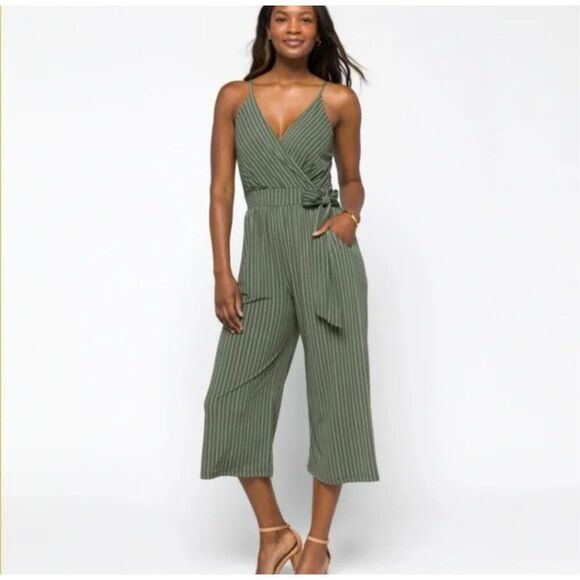 Kaileigh Pants - Kaileigh Rica Knit Crop Jumpsuit – Olive Green Striped (Size M)
